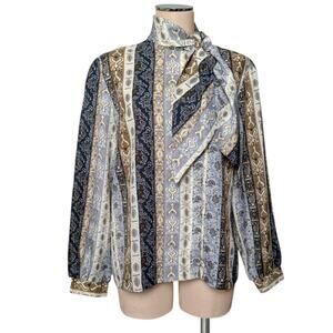 80's 90's COS COB Vintage Tie Neck Button Down Fun Printed Shirt Top Blouse M L